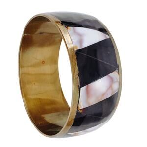 Vintage Brass Bangle Shell Inlay Black Resin Geometric Cuff 1960s 1970s